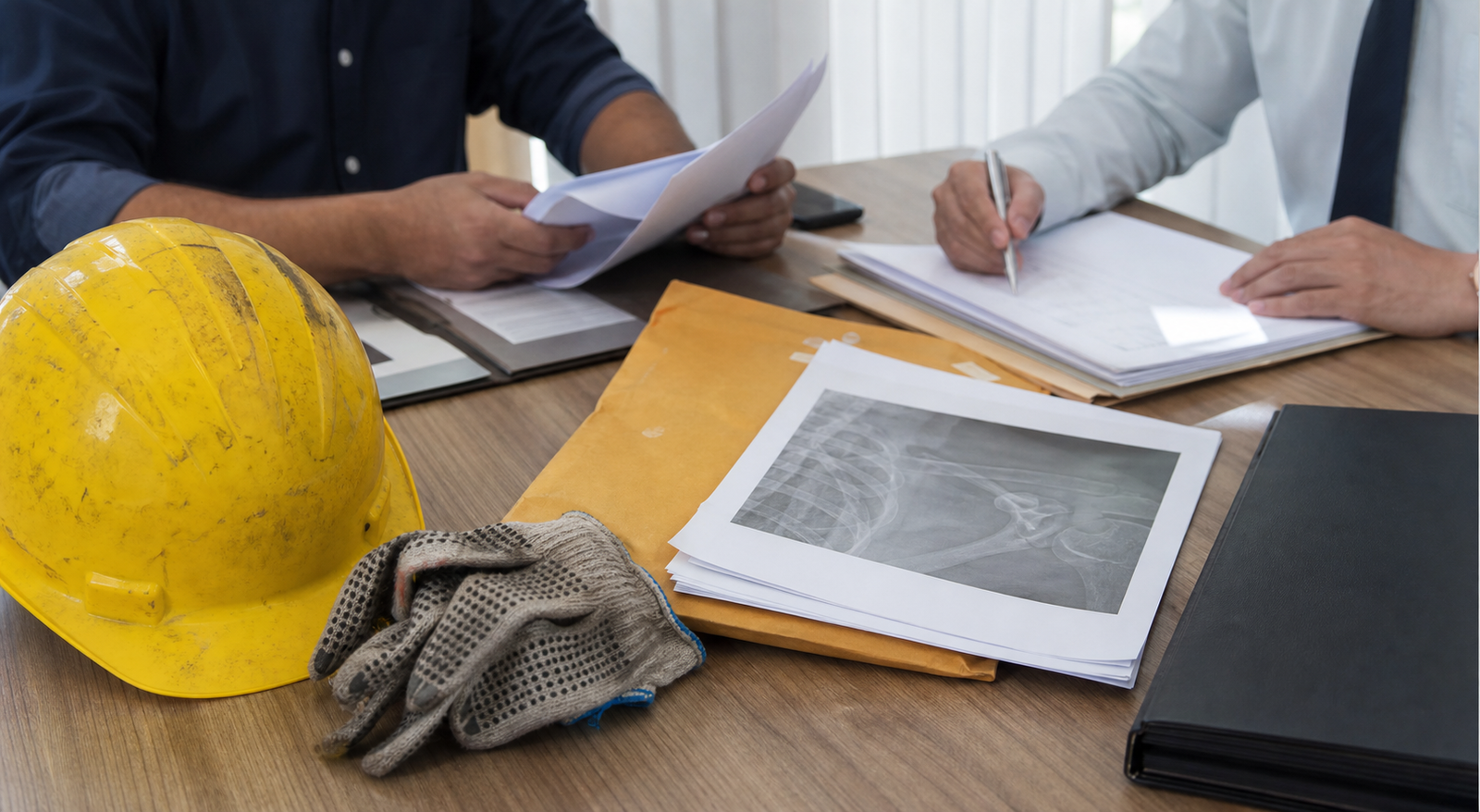 Capacete, luvas e documentos medicos reunidos para analise de um caso