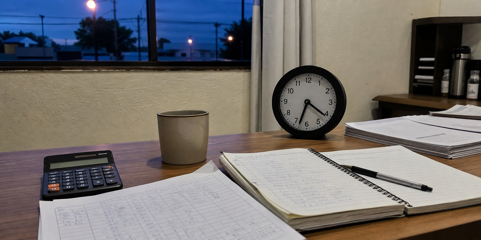 Relogio, cafe e anotacoes de jornada em mesa de trabalho no fim do dia
