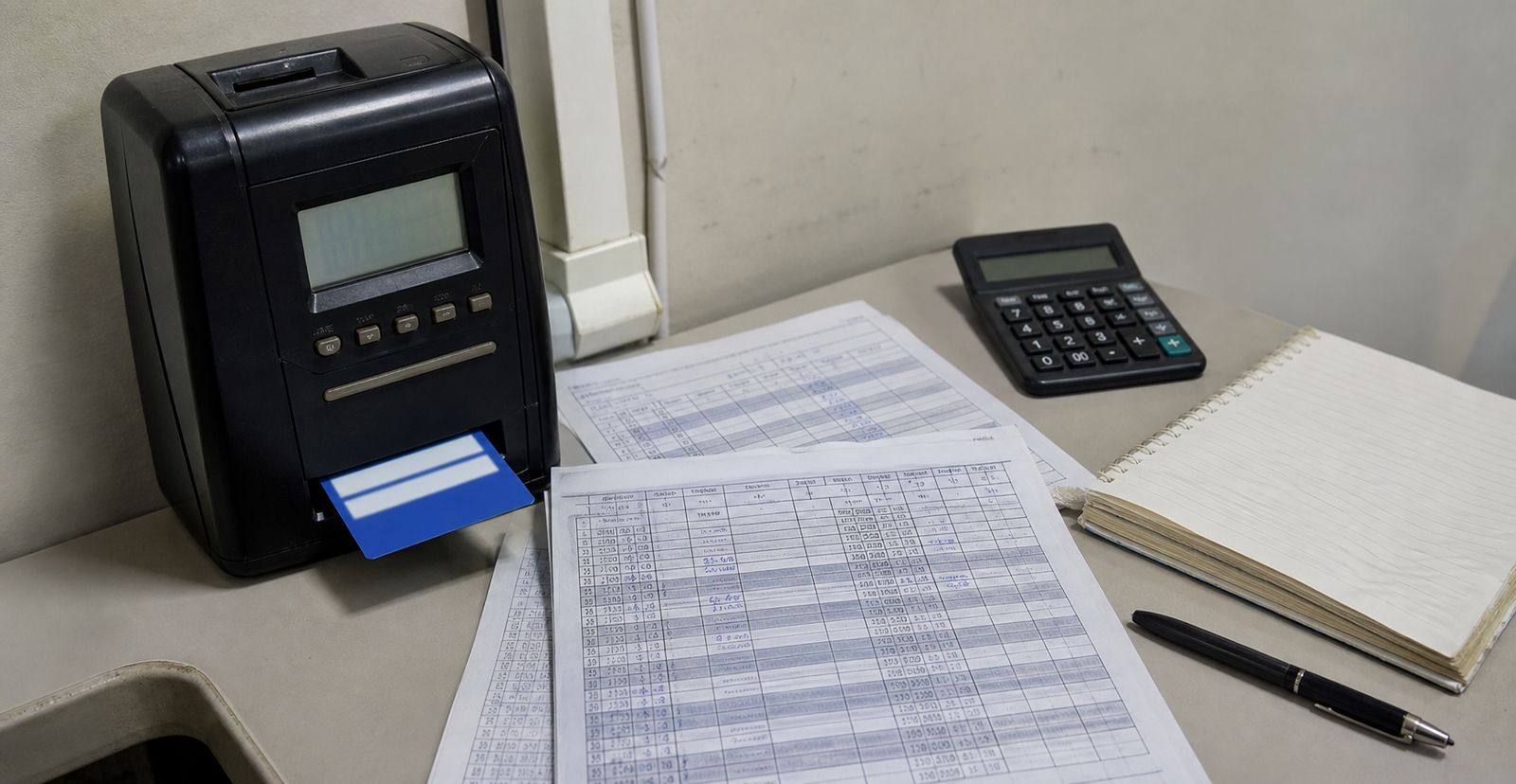 Relogio de ponto, planilhas de jornada e caderno sobre uma mesa simples
