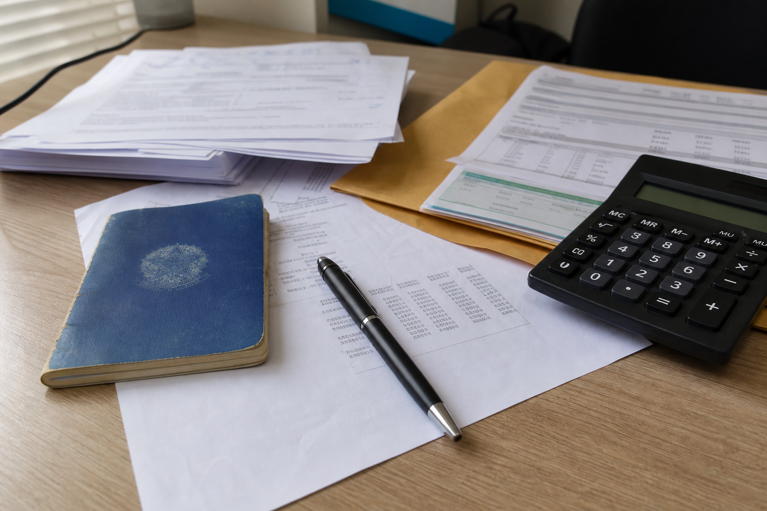 Carteira de trabalho, documentos de rescisao e calculadora sobre uma mesa