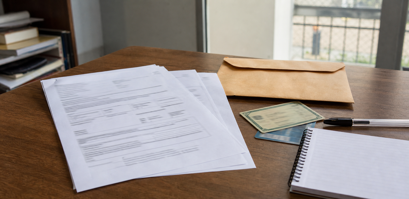 Intimacao, envelope, documentos pessoais e caderno organizados sobre uma mesa