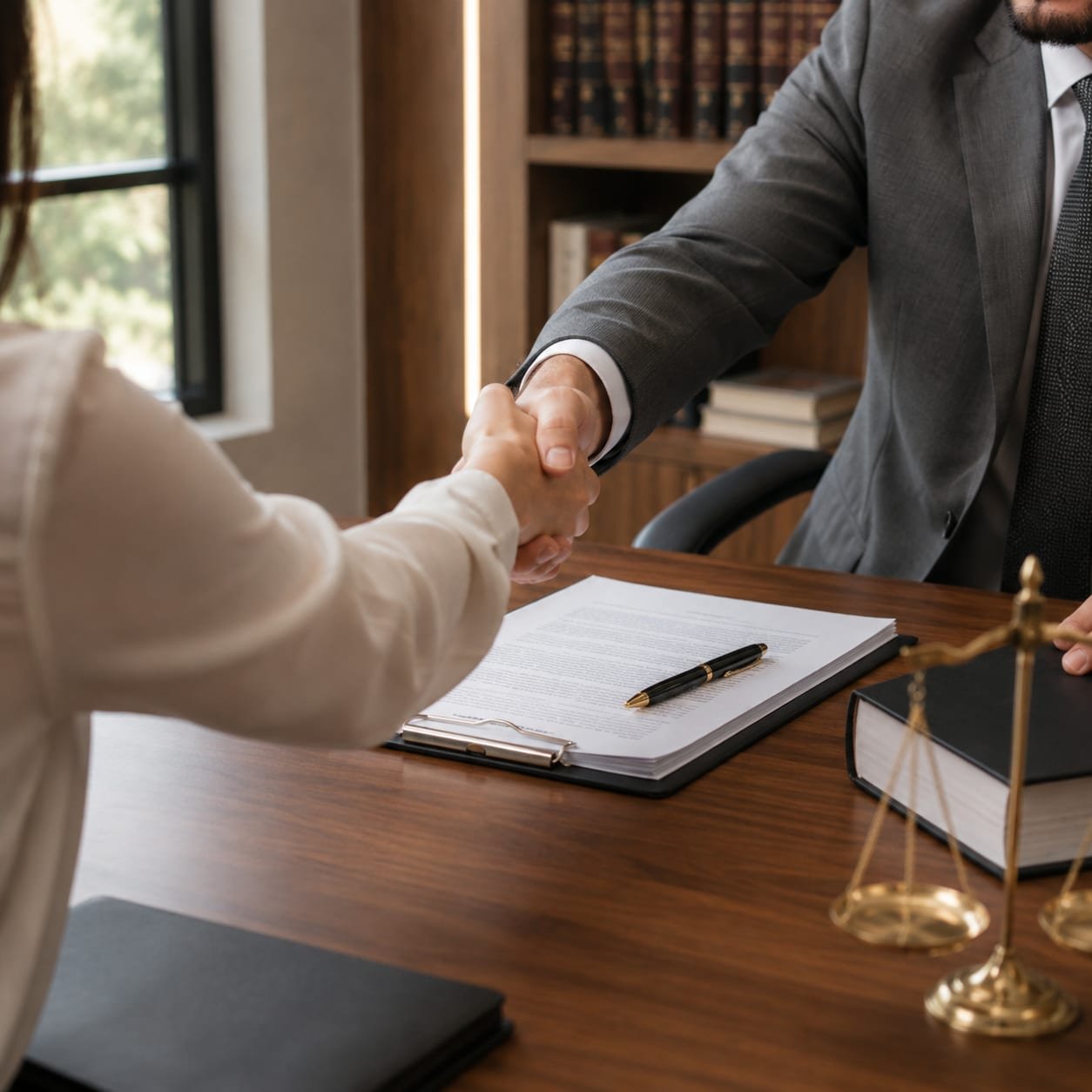 Aperto de mãos entre advogado e cliente sobre a mesa de atendimento