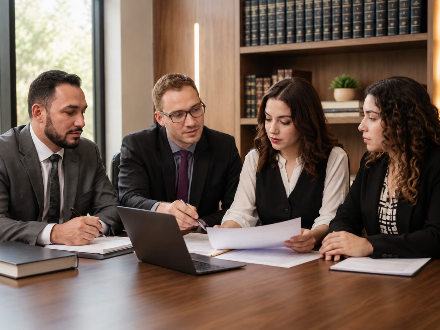 Equipe do escritório reunida analisando documentos de um caso