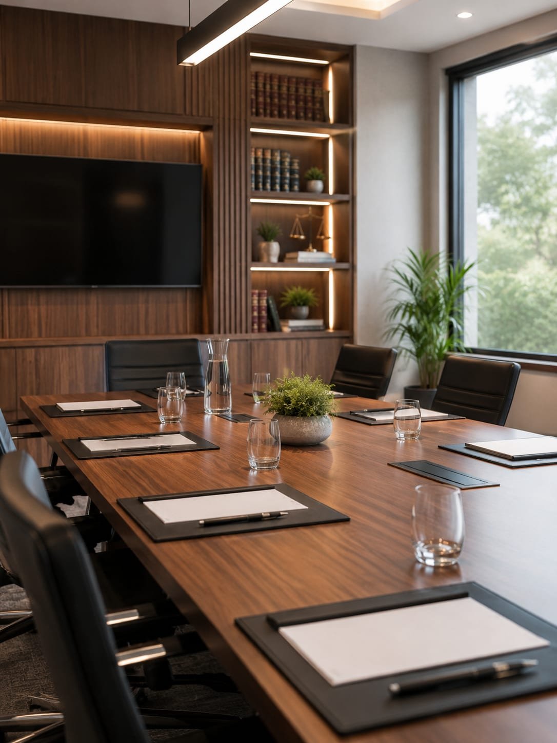 Sala de reuniões do escritório com mesa de madeira e cadeiras
